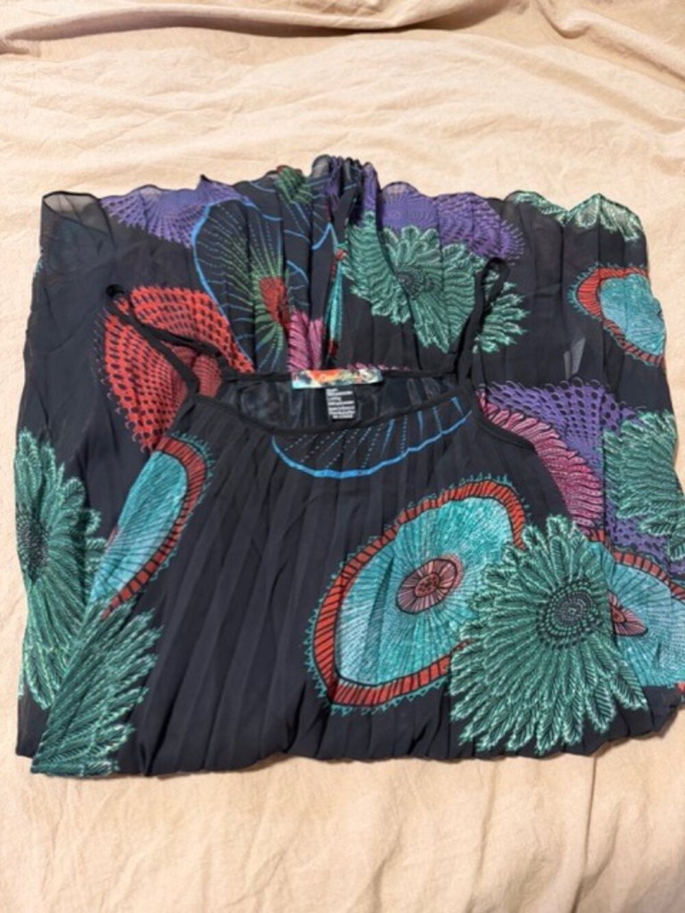 Desigual sleeveless dress features a pleated, flowing chiffon skirt covered size